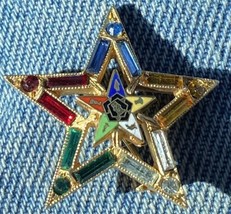 Vtg Order of the Eastern Star Brooch  Gold Tone With Multicolored Rhinestones  - £19.46 GBP