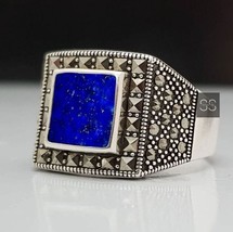 Natural Lapis Lazuli Gemstone Ring For Men Sterling Silver Ring, Heavy Men Ring - £89.39 GBP