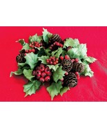 Vintage 3&quot; Candle Wreath Plastic &amp; Silk Leaves Pine Cones Red Berries - $9.89