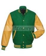 New Varsity  Letterman Baseball Jacket Kelly Green Body Gold Leather Sle... - £45.41 GBP