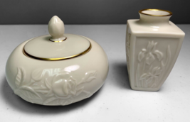 Lenox Rosebud Collection Trinket Box with Gold Trim & Lid and Small bud Vase - £21.57 GBP