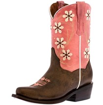 Kids Western Boots Flower Embroidered Smooth Leather Pink Snip Toe Botas... - $54.99