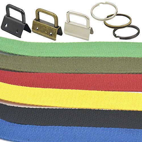 Bluemoona 10 sets 25mm Key Fob & Keyring Nickel + 5 yards Black Cotton Webbing f