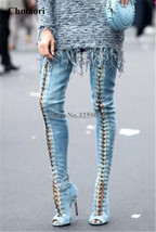 New Fashion Women Open Toe Blue Denim Over Knee Lace-up Gladiator Boots Sexy Thi - $249.58