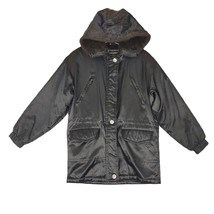 Vtg Y2K GALLERY Black Satin Faux Fur Hood Full Zip Quilted Jacket Coat K... - £21.65 GBP