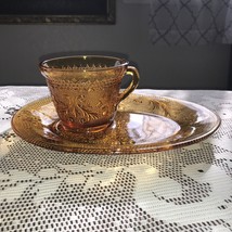 Vintage Oval Cut Glass Plate and Cup Dessert/Sandwich/Tea Set, Amber, Orange - £10.99 GBP