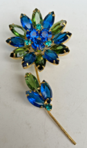 Blue Green Peacock Flower Rhinestone Vintage Juliana Style Layered Brooch Pin - £66.97 GBP