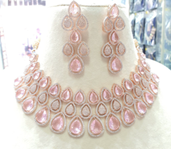 Indian Bollywood Style 18k Rose Filled Pink Choker Diamond Necklace Jewelry Set - £151.86 GBP