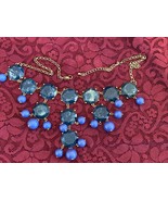 Vintage Chunky Flat Marble &amp; Blue Bead Metal Chain Lobster Clasp Bib Nec... - $322.14 MXN