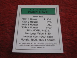 2004 Monopoly Board Game Piece: Pacific Ave Title Deed - $1.00