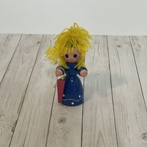 Vintage Wooden Hand Painted Girl Blue Dress Pink Umbrella Ornament 2.5&quot; - £8.56 GBP