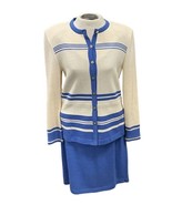 ST. JOHN 3 Piece Blue White Knit Suit Gold Button Jacket Size 8 Skirt Size 14 - £192.14 GBP