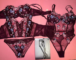 Victoria&#39;s Secret 34D Bra Set+Corset Top+M Teddy Kir Blue Pink Floral Embroider - £158.26 GBP