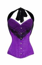 Purple Satin Black Net Halter Gothic Costume Halloween Corset Longline Overbust - £39.40 GBP