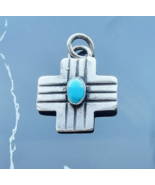 NAVAJO VINTAGE 925 STERLING SILVER NATURAL TURQUOISE CROSS PENDANT - $135.28 CAD