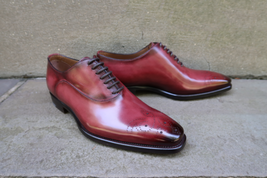 Men&#39;s Oxford Maroon Brogue Toe Burnished Lace Up Vintage Leather Handmade Shoes - £119.89 GBP+