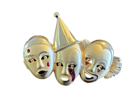 Brooch Clowns 3 Crying Circus Pin Goldtone Marked AJC Vintage 3.25 In by 2.5 In - £11.45 GBP