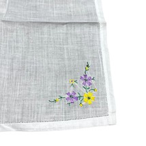 Vintage White Handkerchief Embroidered Purple yellow Wild flowers Cottag... - £14.93 GBP