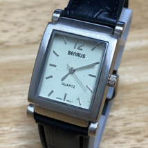 Unused Benrus Quartz Watch Unisex Silver Rectangle Leather Japan New Battery - $26.59