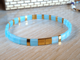 Light frost blue tila tile crystal bracelet,gold plated flat,blue jewelry,froste - £16.55 GBP