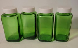 4 Duraglas Green 4 Ounce Glass Spice Jars 1950's Owens Illinois Plastic Lids - $24.00