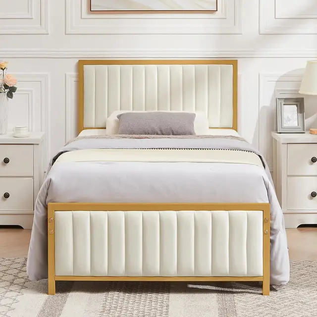 Twin Bed Frame with Upholstered Tufted Headboard &amp; Footboard, Heavy Duty... - £200.91 GBP