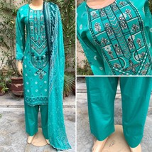 Pakistani Sea Green Printed Straight Shirt 3-PCS Lawn Suit w/ Threadwork ,S - $56.43