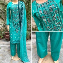 Pakistani Sea Green Printed Straight Shirt 3-PCS Lawn Suit w/ Threadwork ,S - £45.05 GBP