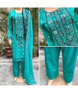 Pakistani Sea Green Printed Straight Shirt 3-PCS Lawn Suit w/ Threadwork ,S - £44.58 GBP