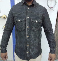 Men Gold Snap Button Stone Washed Stylish Crinkle Black Sheepskin Leathe... - $134.99+