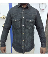 Men Gold Snap Button Stone Washed Stylish Crinkle Black Sheepskin Leathe... - $134.99+