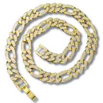 Mens 12mm Iced Double Row CZ Figaro Link 14k Gold Plated 7&quot;-30&quot; Necklace... - $8.62+