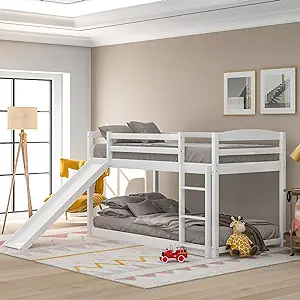 Twin-Over-Twin Low Bunk Bed With Slide Ladder And Guardrail For Kids, Te... - $567.99
