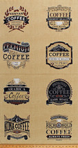 23&quot; X 44&quot; Panel Coffee Roasts Cafe Brew Tan Burlap-Look Cotton Fabric (D505.32) - £6.48 GBP