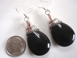 Simulated Black Onyx Teardrop 925 Sterling Silver Dangle Earrings - £7.17 GBP