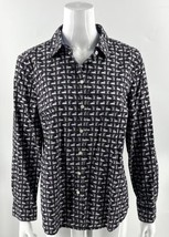 Talbots Top Size 14 Petite Navy Blue Pink Swan Print Roll Tab Sleeve Button Up - £23.66 GBP