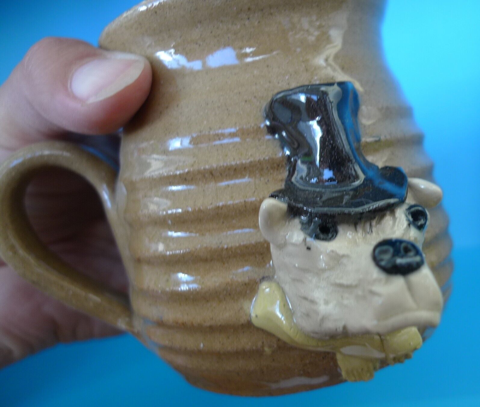 Primary image for VTG Handmade Ceramic Pottery Coffee Tea MUG with Relief 3D Dog in Hat pattern