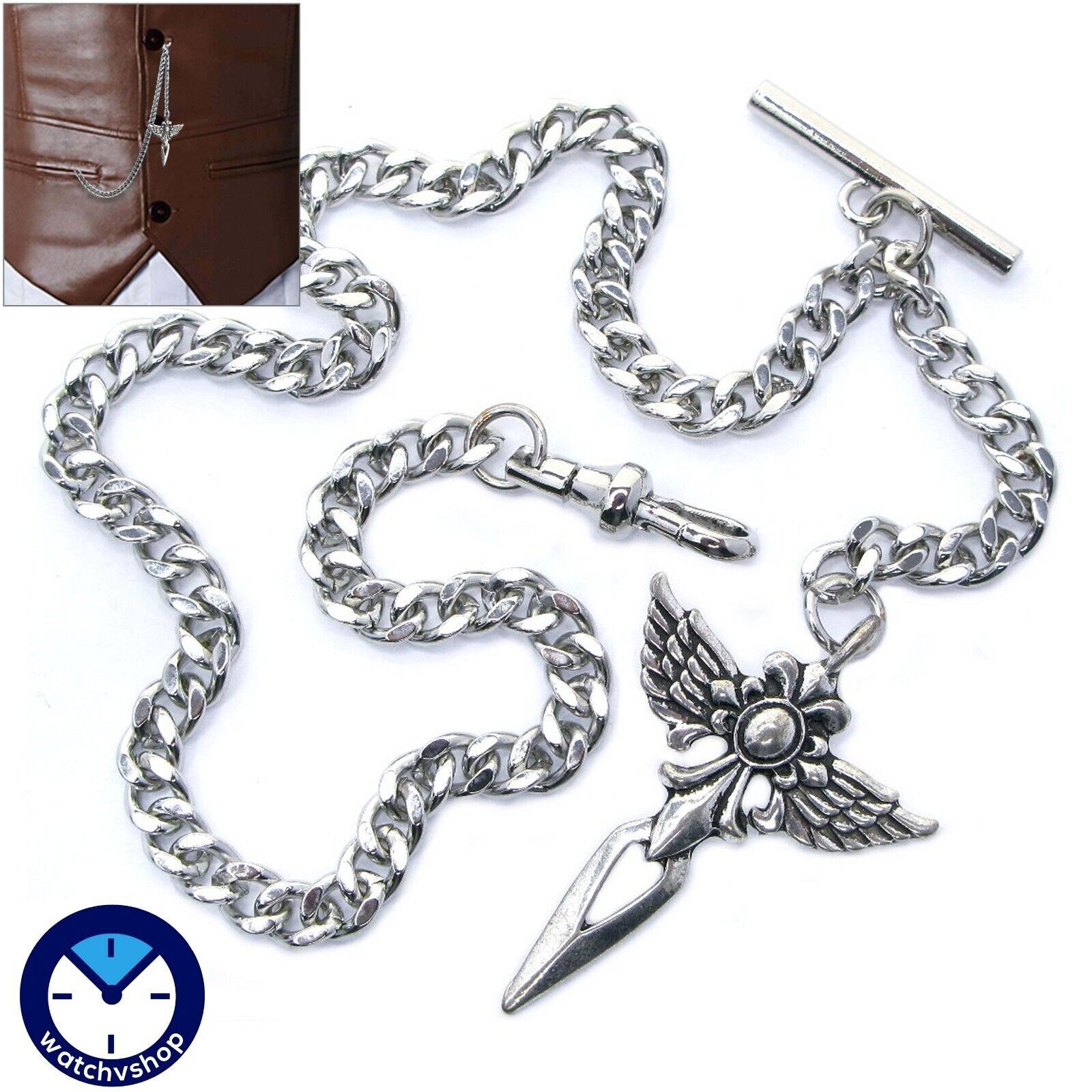 Primary image for Albert Chain Silver Color Pocket Watch Chain  Angel Wings Fob Swivel Clip T Bar 