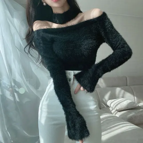  Autumn for Women Crop Tops Korean Style Hotsweet Mink Cashmere  Tight-f... - $140.19