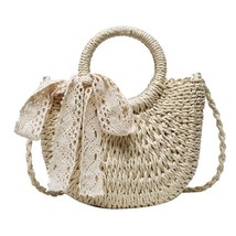 Yogodlns Handmade Half-Round Rattan Woven Straw Bag Summer Women Messenger Cross - £52.62 GBP