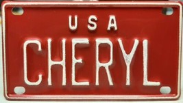 Vintage 60&quot;s 70&quot;s USA Personalized Name Bicycle Bike Plate Tag Red Metal CHERYL - £7.11 GBP