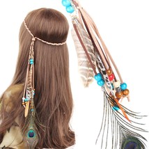 Indiana Ethnic Colorful Peacock Feather Pendant Boho Head Wrap Hair Band Handmad - £19.85 GBP