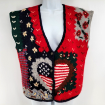Skyr Wool Sweater Vest Size L USA Heart Floral Button Down - £17.80 GBP
