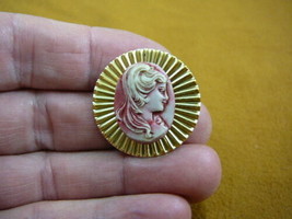 (cred-5) Woman hair down curls ivory lady red CAMEO round brass Pin Pendant - £23.52 GBP