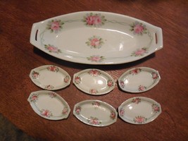 Nippon Hand Painted Pink Roses/Gold Trim Celery Tray w/Open Handles/6 Open Salts - £19.27 GBP