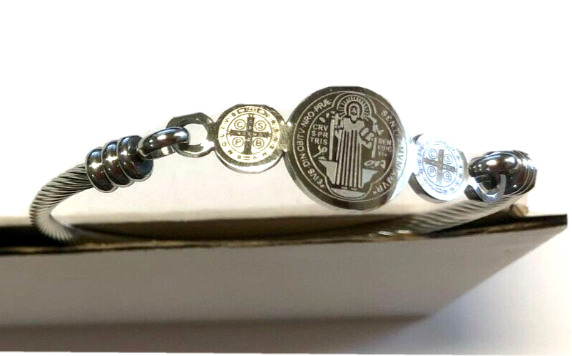Saint Benedict Medal on Silver Bangle Bracelet, New #MD-96