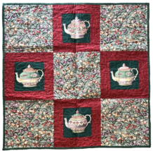 Wall Quilt Teapots Teacups Tulips 25x25&quot; Red Green Purple Pink Rod Pocket Signed - £38.09 GBP