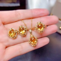 Luxurious Natural Citrine Jewelry Set 925 Silver Necklace Earrings Ring Three-pi - £140.47 GBP