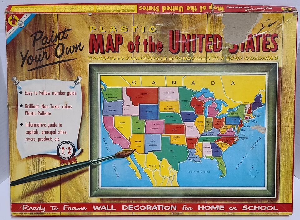 VINTAGE 1958 TRANSOGRAM Paint Your Own Plastic Map Of The United States - Unused - $46.74