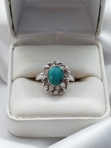 Vtg Southwestern Turquoise Sterling Silver Beaded Filigree Cabochon Ring Sz7 3gr - £15.28 GBP